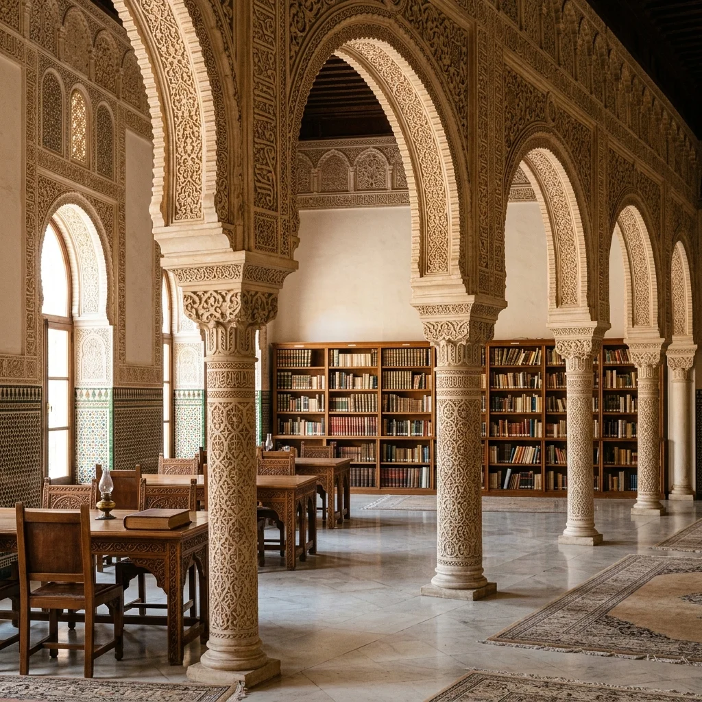 Classic carved Islamic arches and books inside a library representing educational heritage